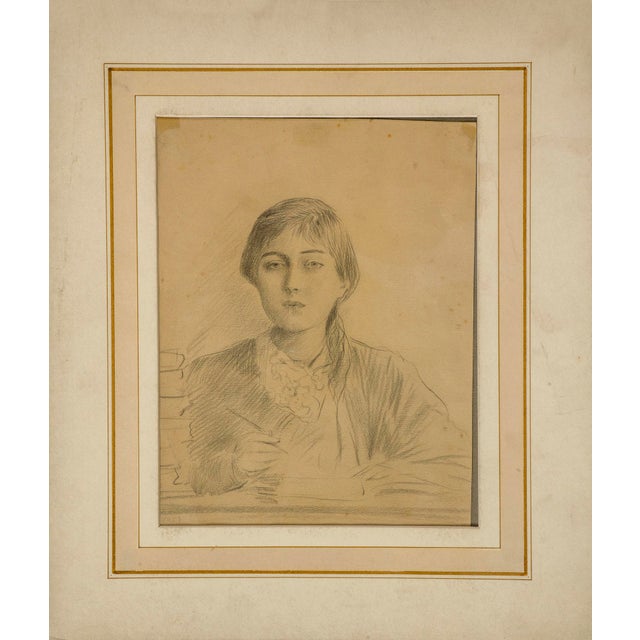 Cesare Tallone Credited Period Italian Drawing This beautiful pencil drawing depicts a portrait of a young, sweet girl...