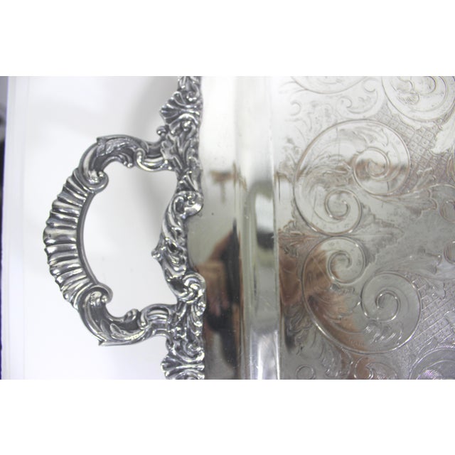 Extra Large Butler’s Tray Silver Plated Rectangular Platter Vintage Plate Ornate Handles Embossed Serving For Sale - Image 6 of 10