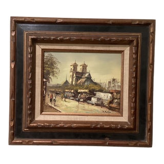Mid 20th Century Paris City Landscape Market Scenes Oil Painting on Canvas Signed Framed For Sale