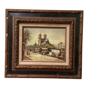 Mid 20th Century Paris City Landscape Market Scenes Oil Painting on Canvas Signed Framed