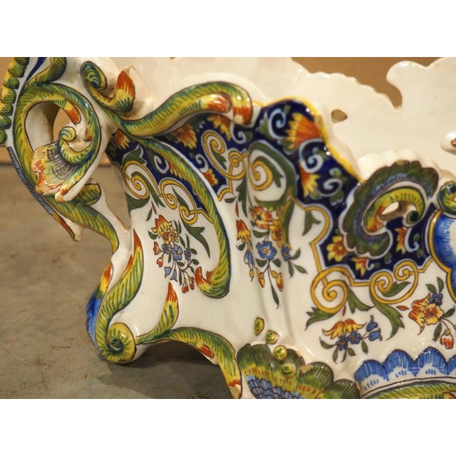 Ceramic Hand Painted Antique French Faience Jardiniere, Decor Rouen, Circa 1900 For Sale - Image 7 of 12