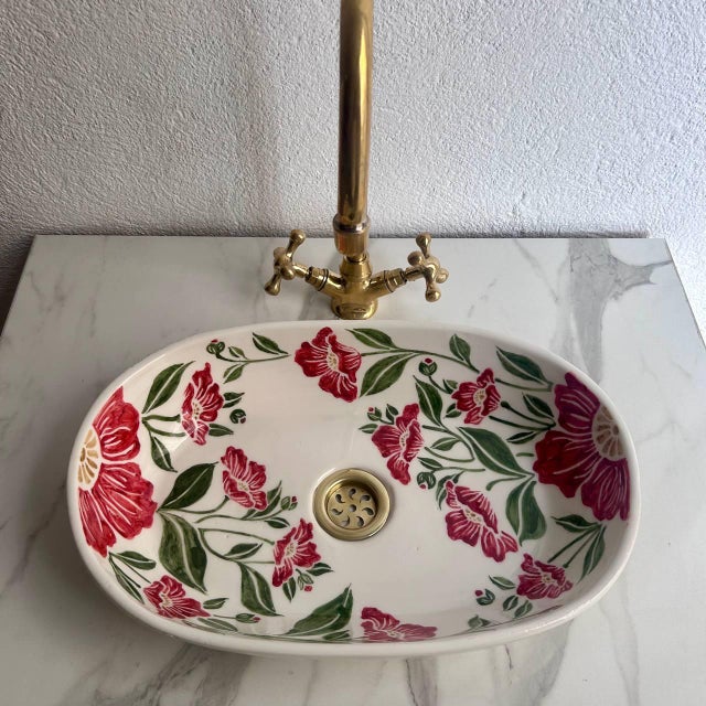 Red Flower Oval Vessel Sink, Hand-Painted Moroccan Ceramic Bathroom Basin For Sale - Image 6 of 9