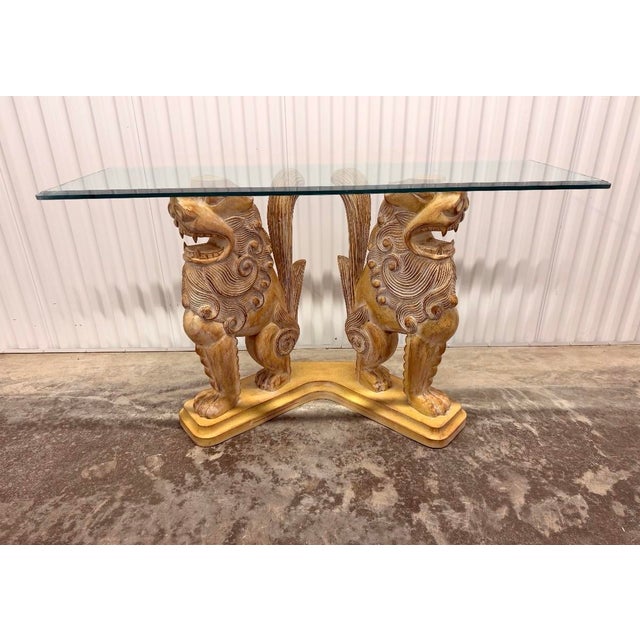 Tan Vintage Hand Carved Architectural Chinese Guardian Lions “Foo Dogs” Console Table Circa 1970s For Sale - Image 8 of 9