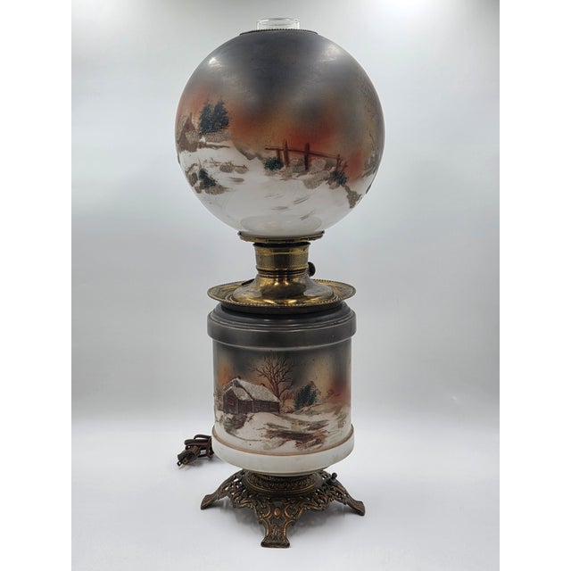Victorian Antique Victorian 1890 Gone With the Wind Lamp Log Cabin Winter Snowy Scenery For Sale - Image 3 of 10
