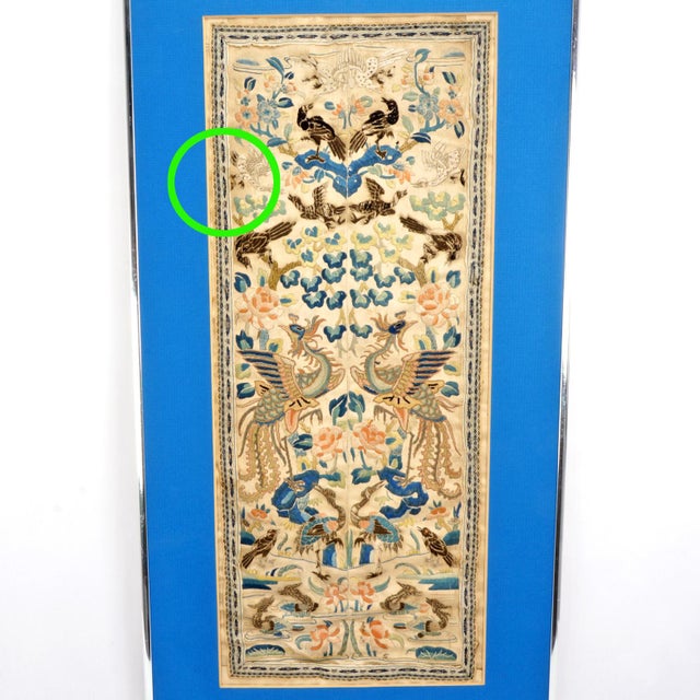 Blue Framed Antique Chinese Silk Embroidered Robe Sleeves Floral and Birds For Sale - Image 8 of 9