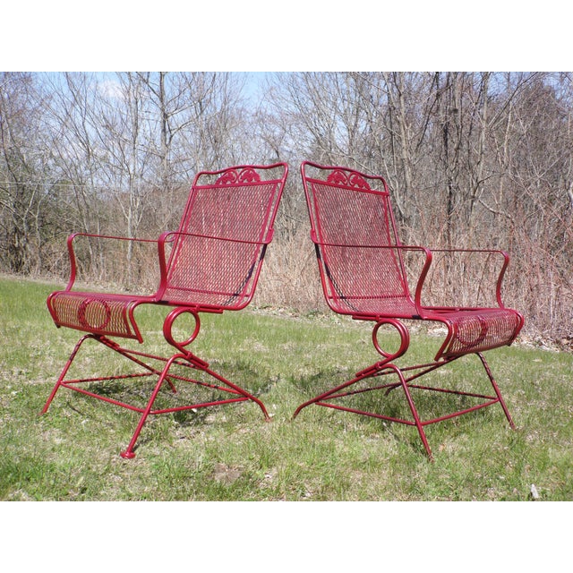 Vintage Mid Century Modern Wrought Iron & Metal Mesh Bouncer Patio Chairs - Set of 4 | Chairish