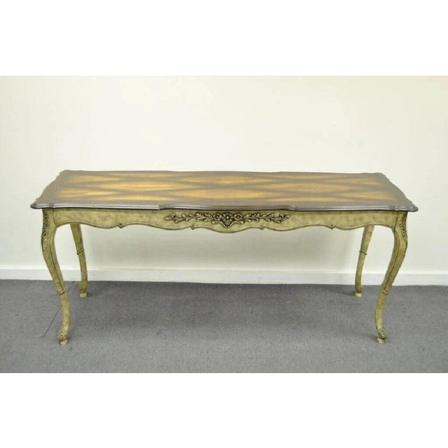 Vintage French Country Louis XV Style Console Hall Table and Pair Stool Benches. Item features distressed finish,...