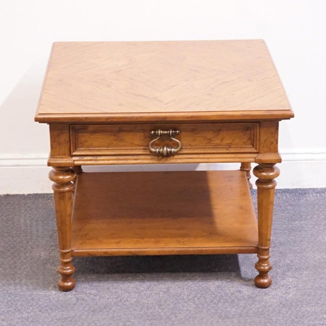 Mediterranean Drexel Furniture Solid Pecan Italian Mediterranean Style 26" Square Accent End Table W. Bookmatched Top For Sale - Image 3 of 12