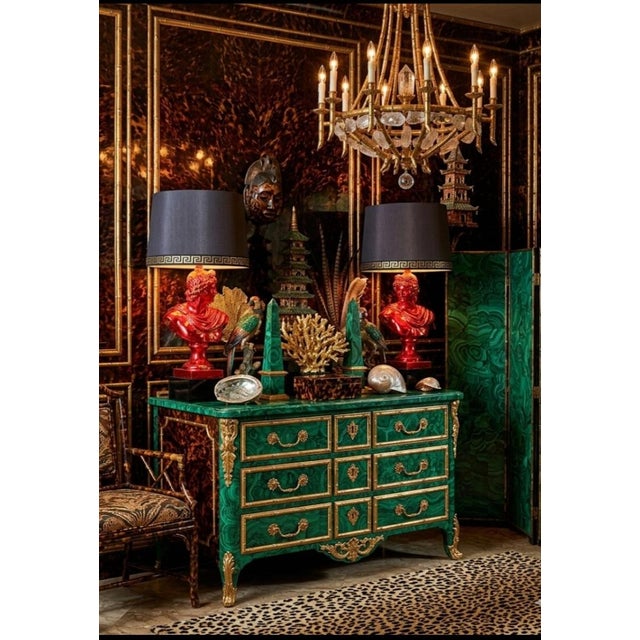 1990s 1990s Custom Finished Red, Gold Leaf Greek Goddess Black Shade Greek Key Trim Tall Table Lamps Tony Duquette Style - a Pair For Sale - Image 5 of 15