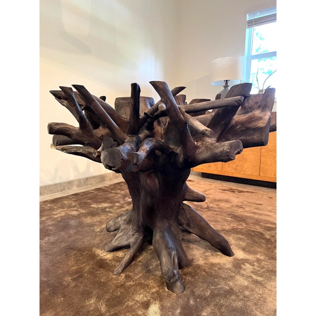 Organic Modern Dining Table in Charred Teak Root Wood and Glass, Indonesia For Sale - Image 9 of 13