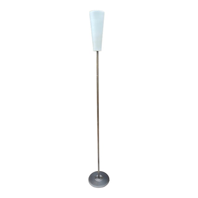 1980s Italian Postmodern Floor Lamp With Opaline Glass Shade — Minimalist Modern Torchère For Sale