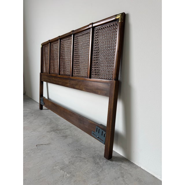 1970s Vintage Drexel Furniture Accolade Cane Campaign Queen Headboard With Brass Corners For Sale - Image 5 of 11