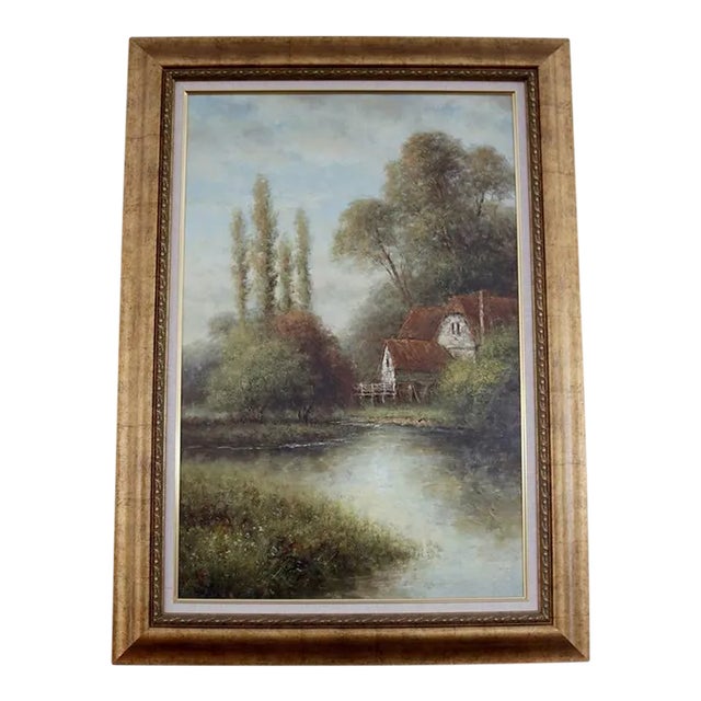 Vintage House on the Lake Landscape Oil Painting Unsigned For Sale