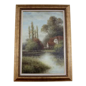 Vintage House on the Lake Landscape Oil Painting Unsigned