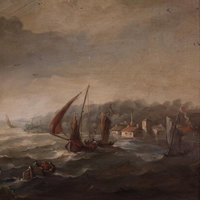 Flemish Artist, Seascape with Boats and Characters, 20th Century, Oil Painting, Framed For Sale - Image 6 of 13