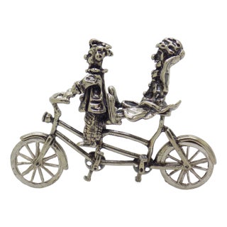 Vintage Italian Handmade Silver Clown on Tandem Bicycle Figurine, 1970s For Sale