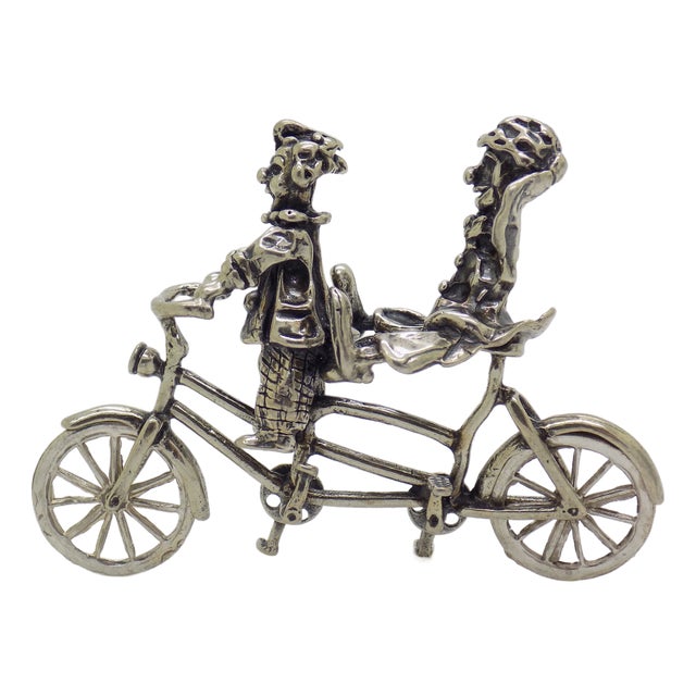 Vintage Italian Handmade Silver Clown on Tandem Bicycle Figurine, 1970s For Sale