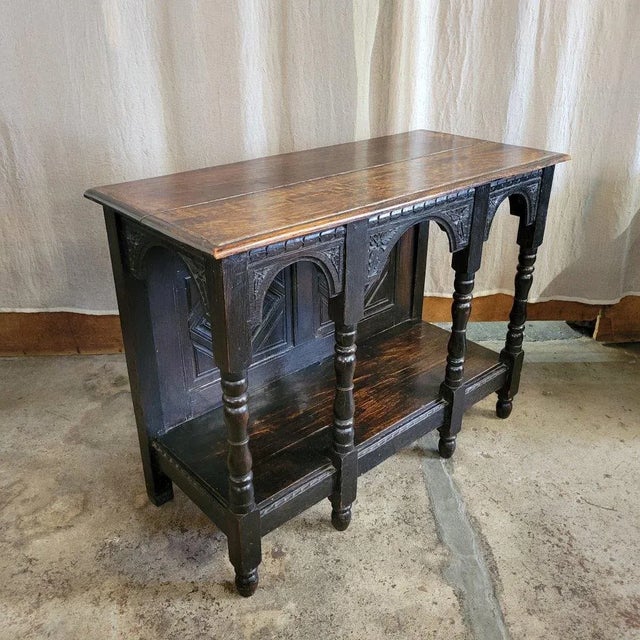 Unique Antique English console circa 1840. Trim gives the feel of 3 arches. Great patina throughout. Nice contrast with...