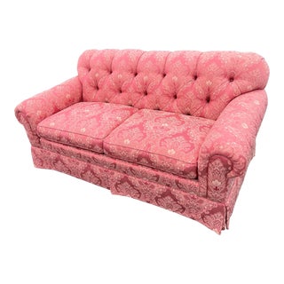 Century Furniture Button Tufted Rose Pink Damask Print Sofa For Sale