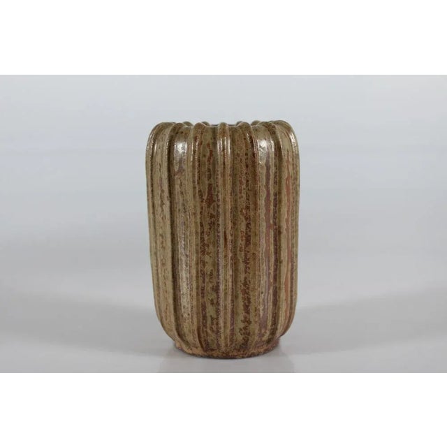 Danish Art Deco Fluted Stoneware Vase with Brown Speckled Glaze by Arne Bang, 1930s For Sale - Image 9 of 9