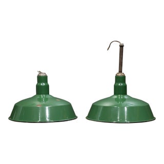Set of Two Benjamin 16" Enameled Porcelain Green Industrial Pendant Lights c.1950 For Sale
