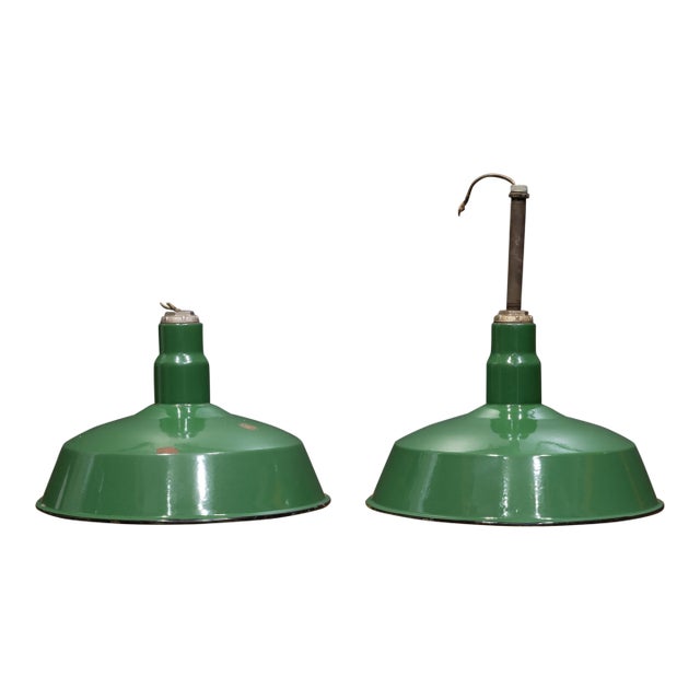 Set of Two Benjamin 16" Enameled Porcelain Green Industrial Pendant Lights c.1950 For Sale
