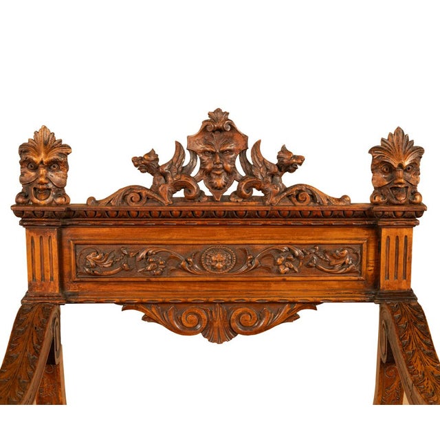 Antique Renaissance Revival Carved Walnut Green Man Savonarola Chair Circa 1890 For Sale - Image 11 of 17