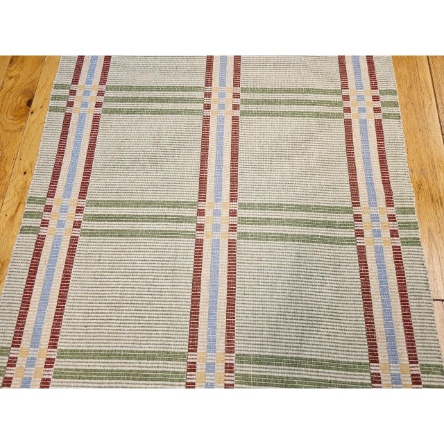 Textile Vintage American Runner, Flat-Woven Wool & Cotton, Allover Pattern, Green Stripes, 4x24 For Sale - Image 7 of 12