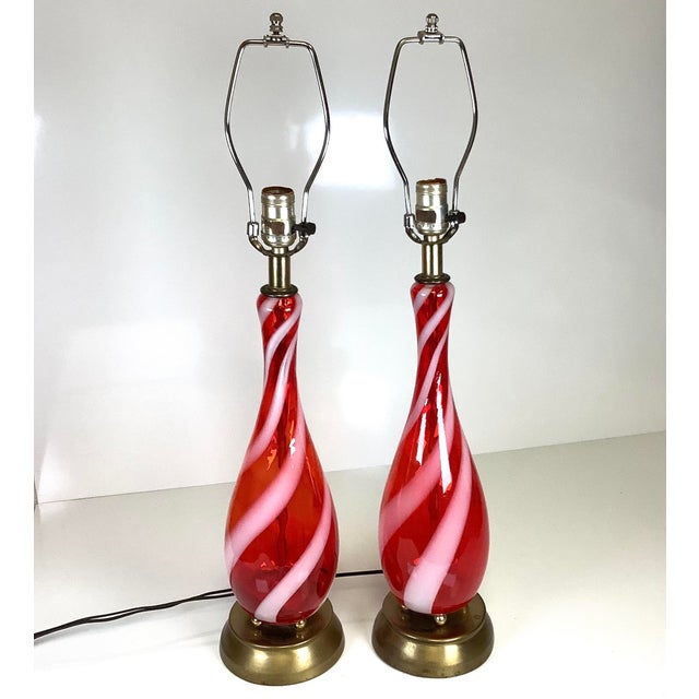 Mid-Century Modern Vintage Mid Century Modern Candy Cane Swirl Striped Red Table Lamps 1950s Murano Glass - a Pair For Sale - Image 3 of 8