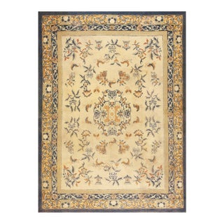 1920s Beige Floral Oriental Deco Antique Chinese Peking Hand Knotted Wool Rug For Sale