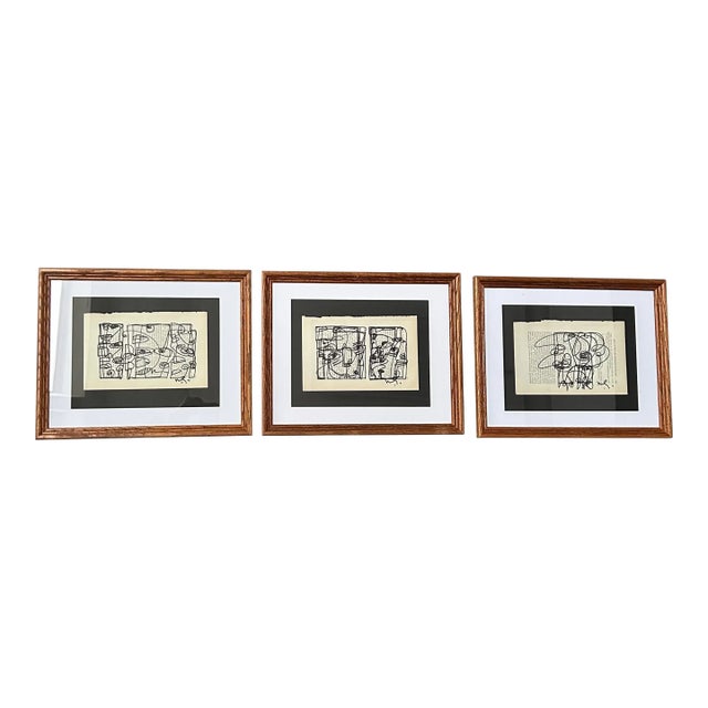 Contemporary Three Original Wayne Cunningham Abstract Marker Drawings on Vintage Book Pages- Set of Three For Sale