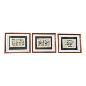 Contemporary Three Original Wayne Cunningham Abstract Marker Drawings on Vintage Book Pages- Set of Three