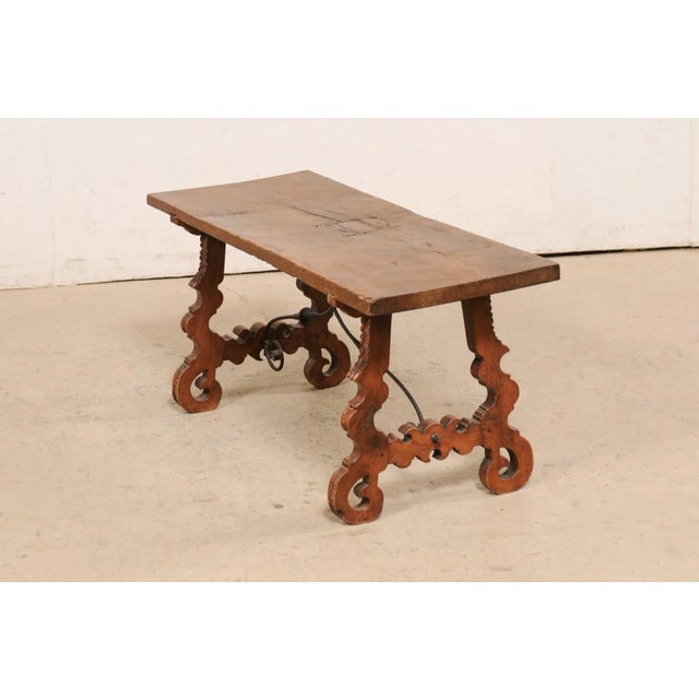 Antique Spanish Wooden Coffee Table with Carved Lyre-Legs and Iron Stretchers For Sale - Image 9 of 13
