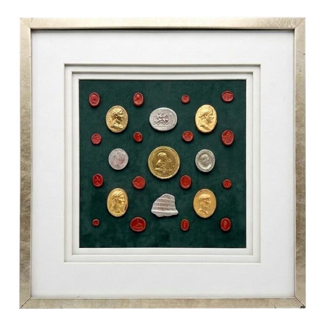 Grand Tour Neoclassical Gilded & Red Plaster Intaglio Set in Silvered Modern Frame For Sale