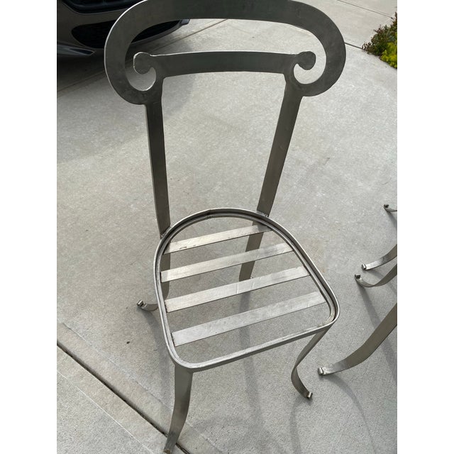 Metal 1990s Set of 2 Iron Indoor/Outdoor Klismos Column Dining Chairs With Leather Upholstery Handcrafted Styled After Jermaine Gallacher For Sale - Image 7 of 12