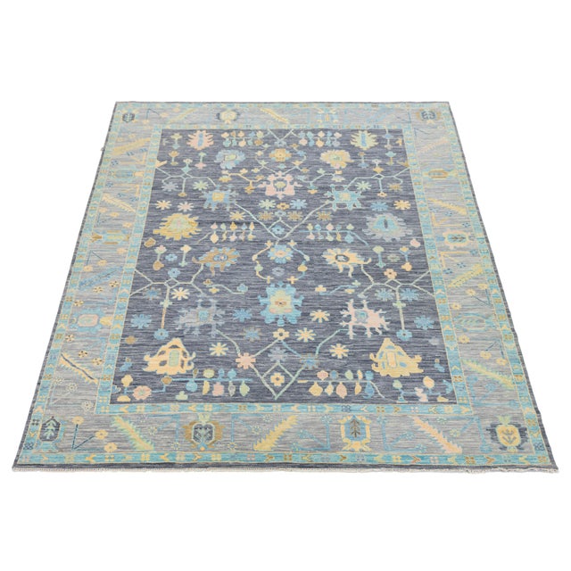Modern Oushak Style Hand-Knotted Wool Area Rug in Charcoal, Sky Blue & Pastel For Sale - Image 4 of 11