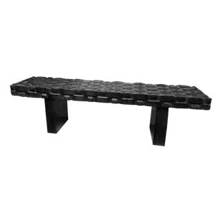 Sculptural Mango Wood Bench, Carved Detailing, Burnt Finish Modern Organic For Sale