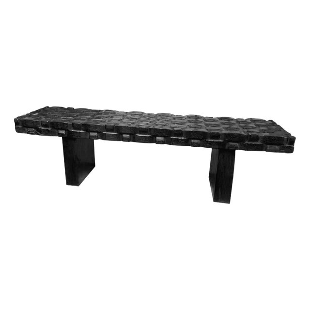Sculptural Mango Wood Bench, Carved Detailing, Burnt Finish Modern Organic For Sale