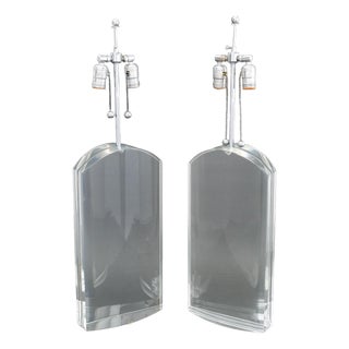 Modern Clear Acrylic and Chrome Table Lamps, Pair For Sale
