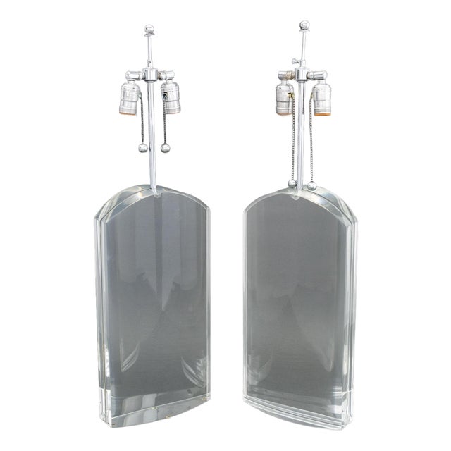 Modern Clear Acrylic and Chrome Table Lamps, Pair For Sale