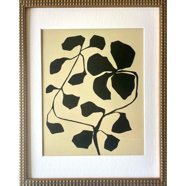 Original abstract botanical painting on French rag paper. Framed in a gold texture locally crafted frame. Framed behind...