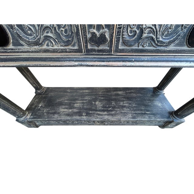 Gray Distressed Black Gray Relief Floral Motif Tall Credenza Console Cabinet For Sale - Image 8 of 9