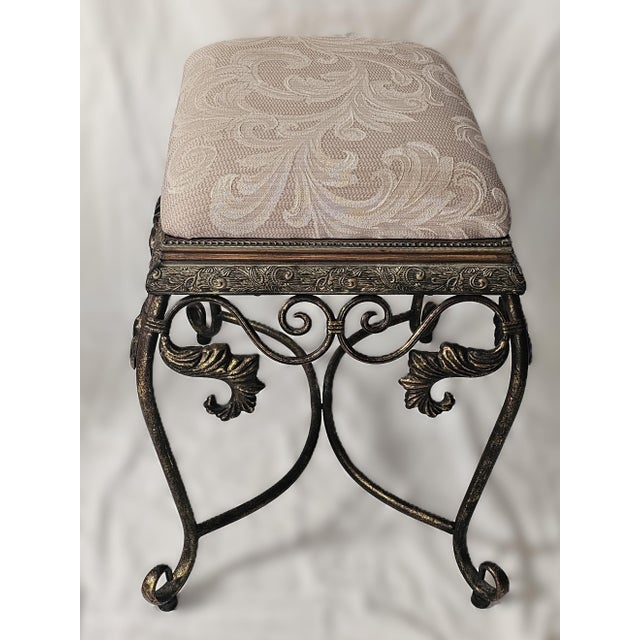 Vintage Bronze Scrollwork Vanity Bench With Cream Jacquard Upholstery For Sale - Image 4 of 18