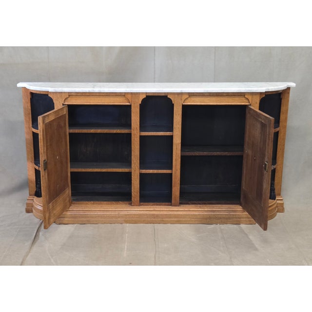 Art Deco Antique Early 1900s Oak Console Cabinet With Doors, Shelves and a Marble Top For Sale - Image 3 of 18