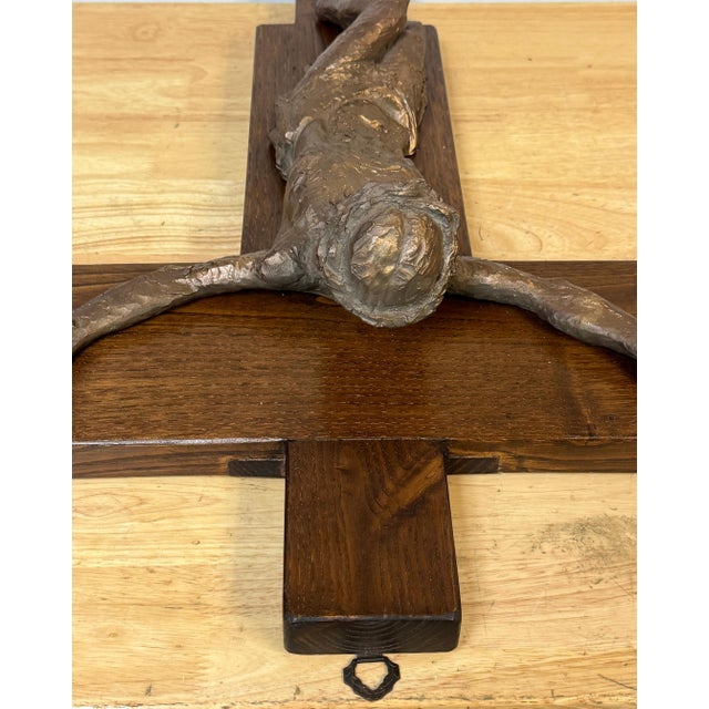 Modernist Cast Bronze Crucifix on Walnut Cross, French or Belgian, Circa 1960s For Sale - Image 15 of 18