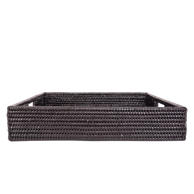 Boho Chic Artifacts Rattan Square Serving Tray with Cutout Handles in Black, Large For Sale - Image 3 of 3