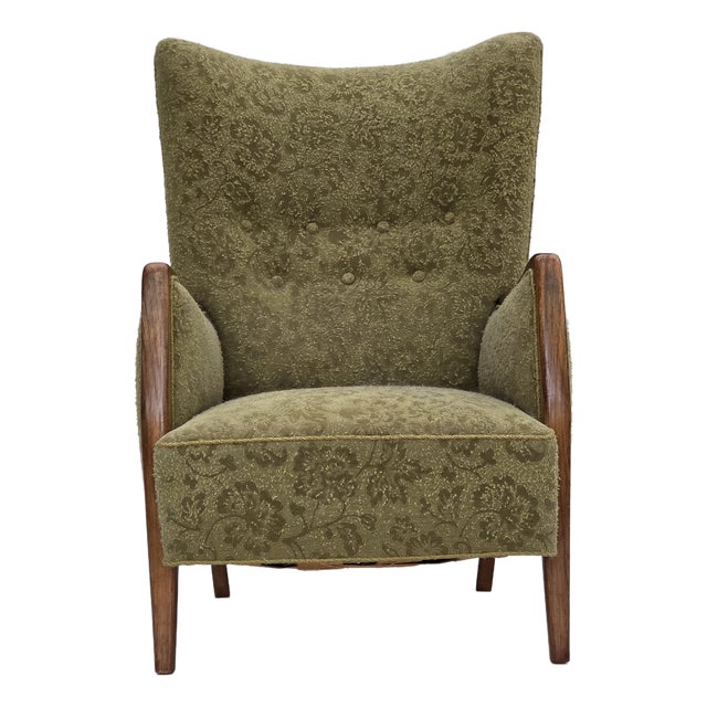 Danish Armchair in Green Velour and Ash, 1960s For Sale