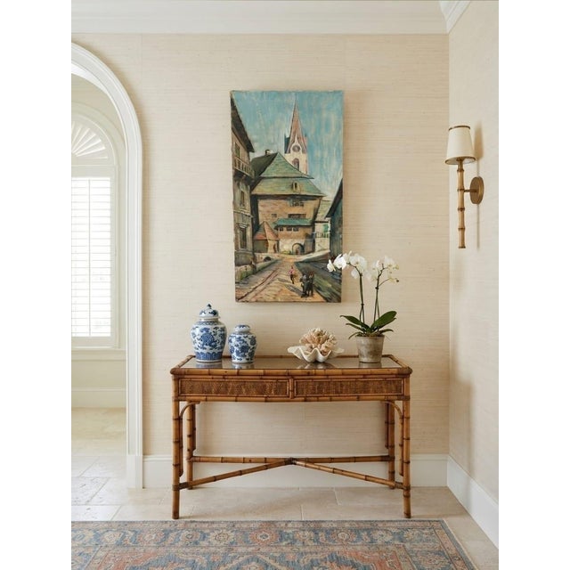 Sky Blue 1960s Painting – European Village Street Scene With Church Steeple For Sale - Image 8 of 12