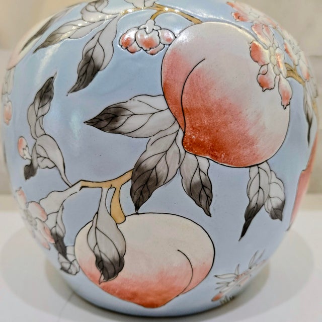 Vintage 9" Chinoiserie Powder Blue Porcelain Melon Ginger Jar - Hand-Painted Longevity Peach & Blossom Motif For Sale - Image 10 of 11