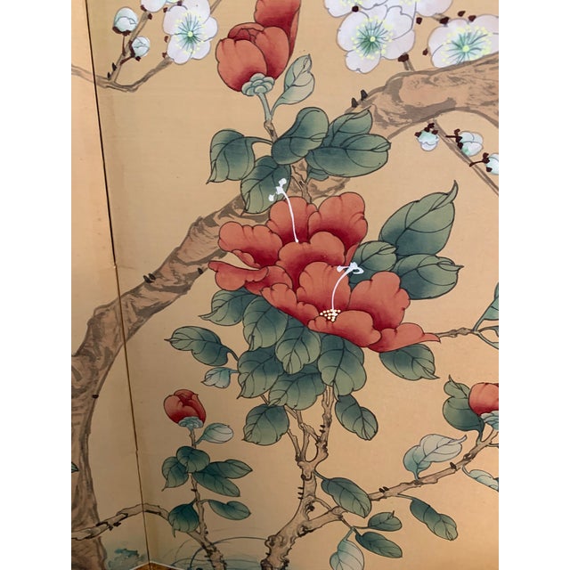 The Poetry of Spring – Vintage Chinese Four-Panel Folding Screen, Hong Kong, Circa 1960s For Sale - Image 4 of 8